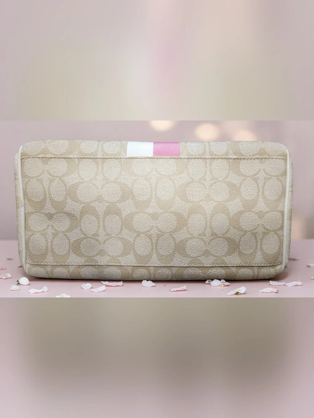 Coach Beige Signature Satchel with Pink and White Stripes